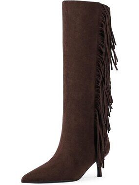 Women's Knee High Boots Kitten Heels Boots Pointed Toe Long Boot Suede Brown